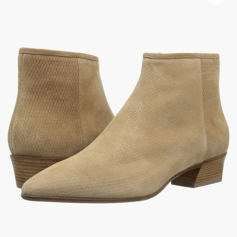 Aquatalia Fire Embossed Weatherproof Suede Low Heel Booties Sand -7 - Picture 1 of 10